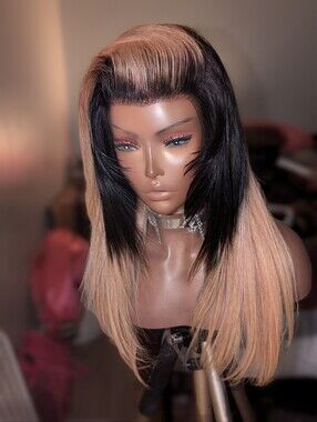 Black and Blonde Layered Sleek Two-Tone Human Hair Fake Scalp Wear And Go